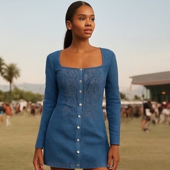 Avec Les Filles Denim Embroidered Western Long Sleeve Mini Dress NWT - Picture 2 of 4